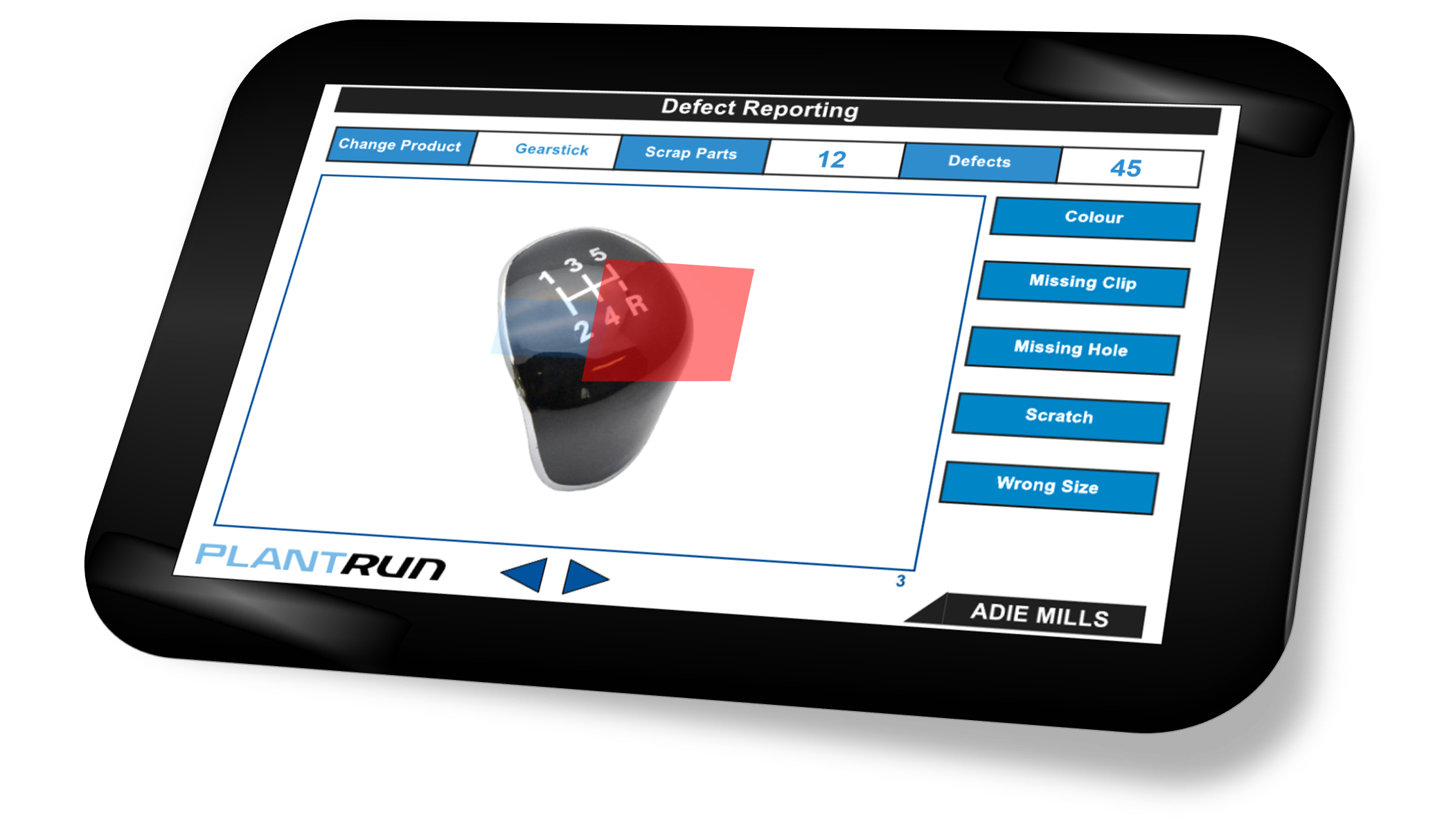 A PlantRun tablet showing where on a product there is a defect.